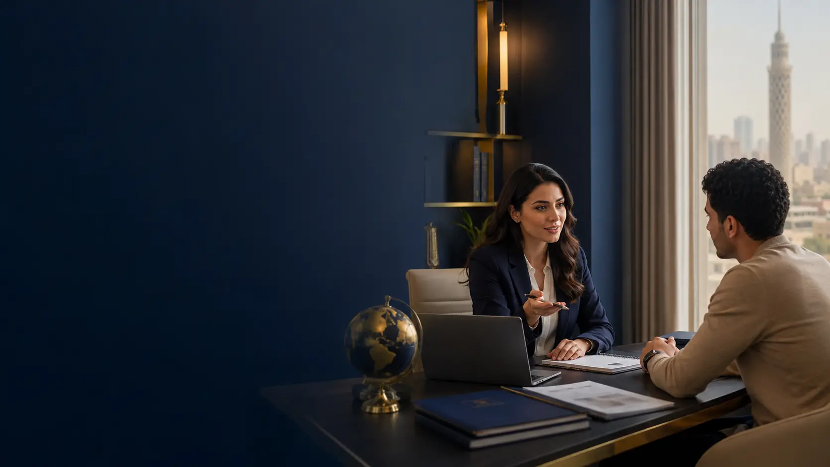 Client preparing travel documents before moving abroad