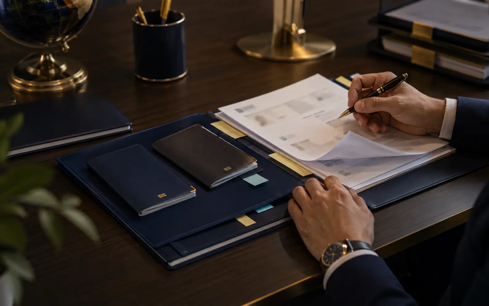 Masked and organized client documents on a desk
